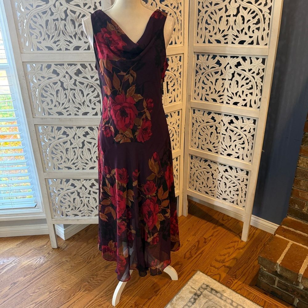 Robbie Bee Plum Maxi Dress with Red Rose Print